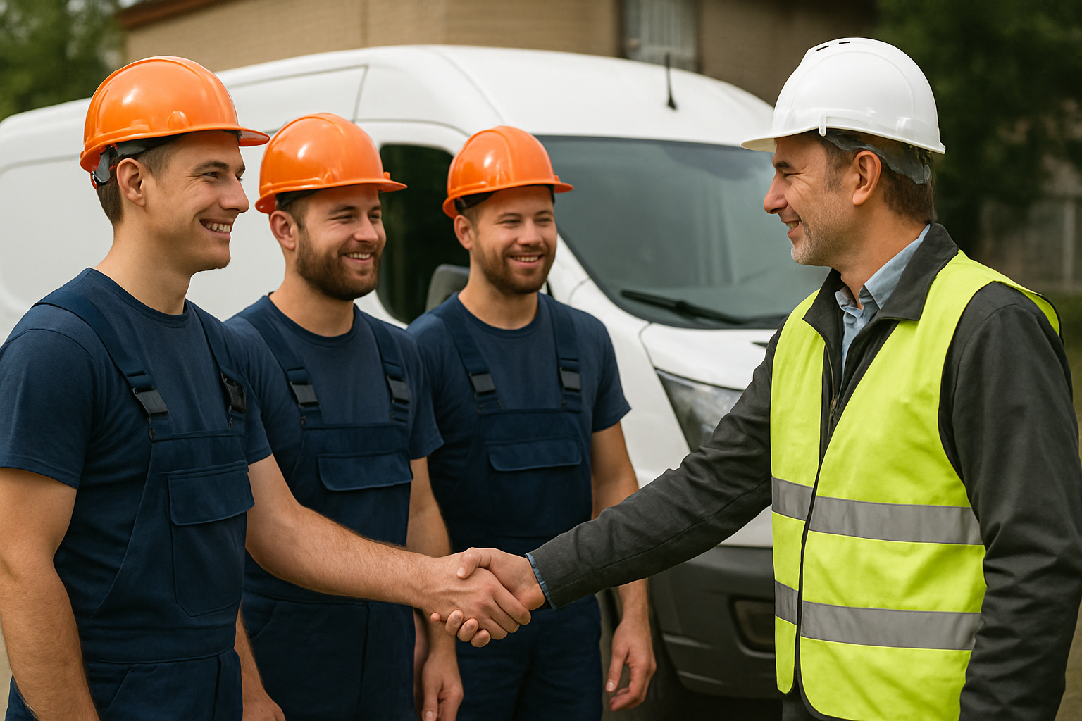 photographic Une quipe de monteurs souriants devant une camionnette propre ou en train de se serrer la main avec un chef de chantier Style photo ultra-1