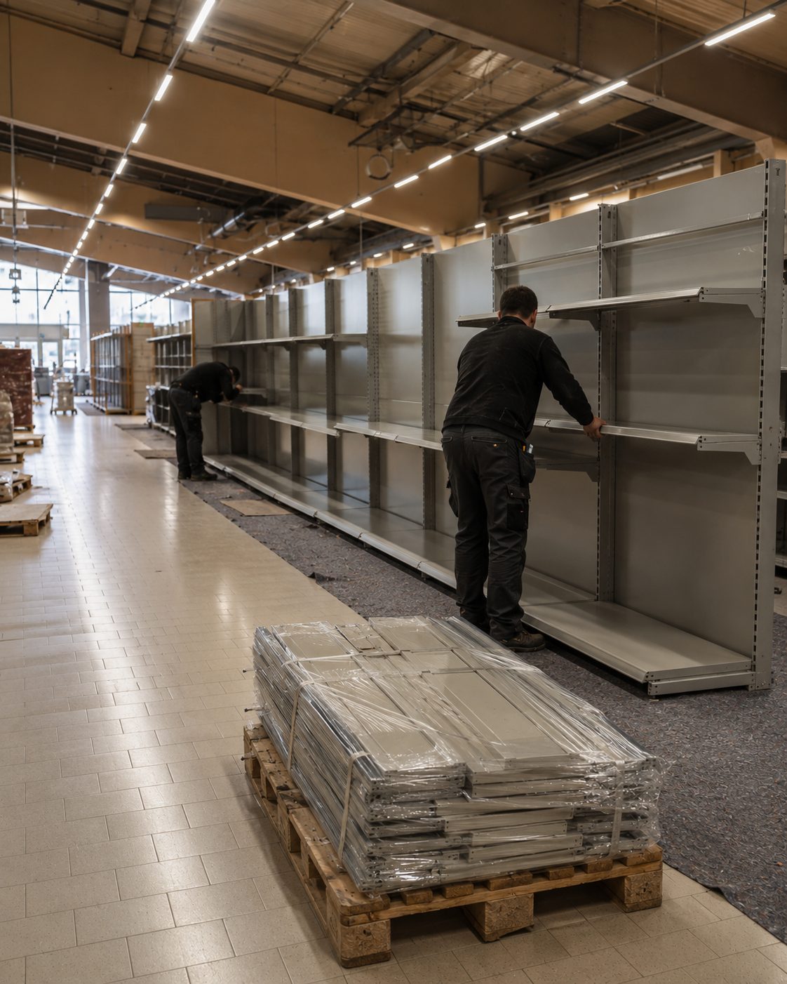 Regalmontage im Supermarkt: Monteure bauen leere Regalzeilen auf, Palette mit folierten Fachböden im Vordergrund