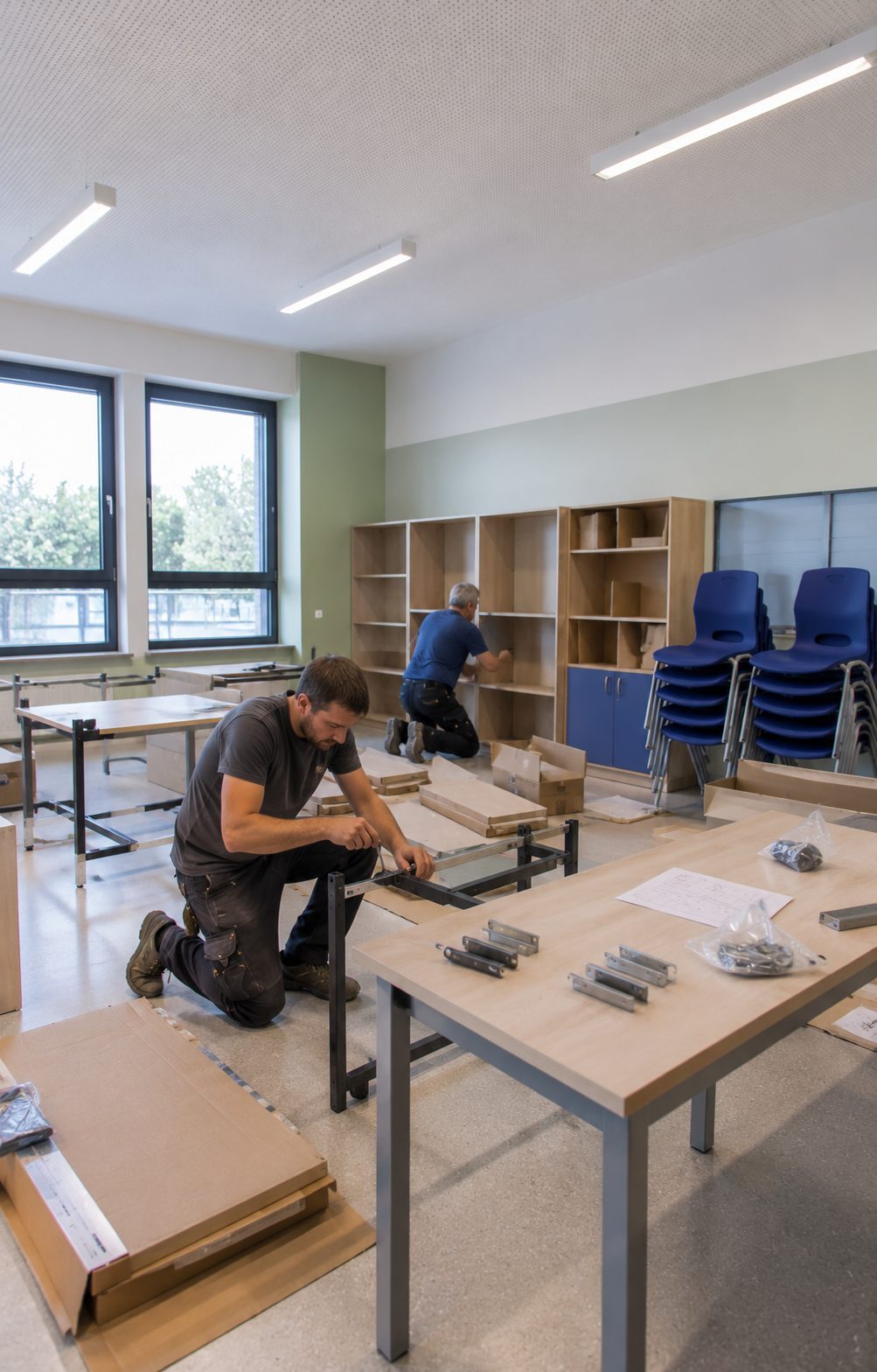 Möbelmontage mit Schulmöbeln in einer Schule — Symbolbild