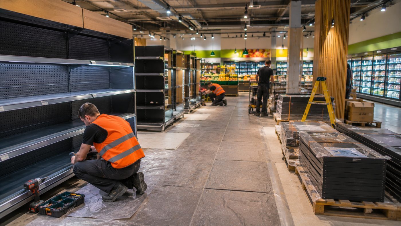 Roll-out-Montage in einem Supermarkt — neue Regalzeilen im Aufbau