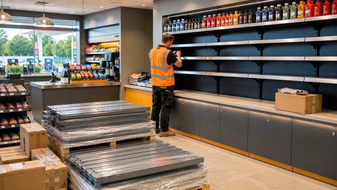 Roll-out-Montage in einer Tankstelle — Regalmontage im Shop