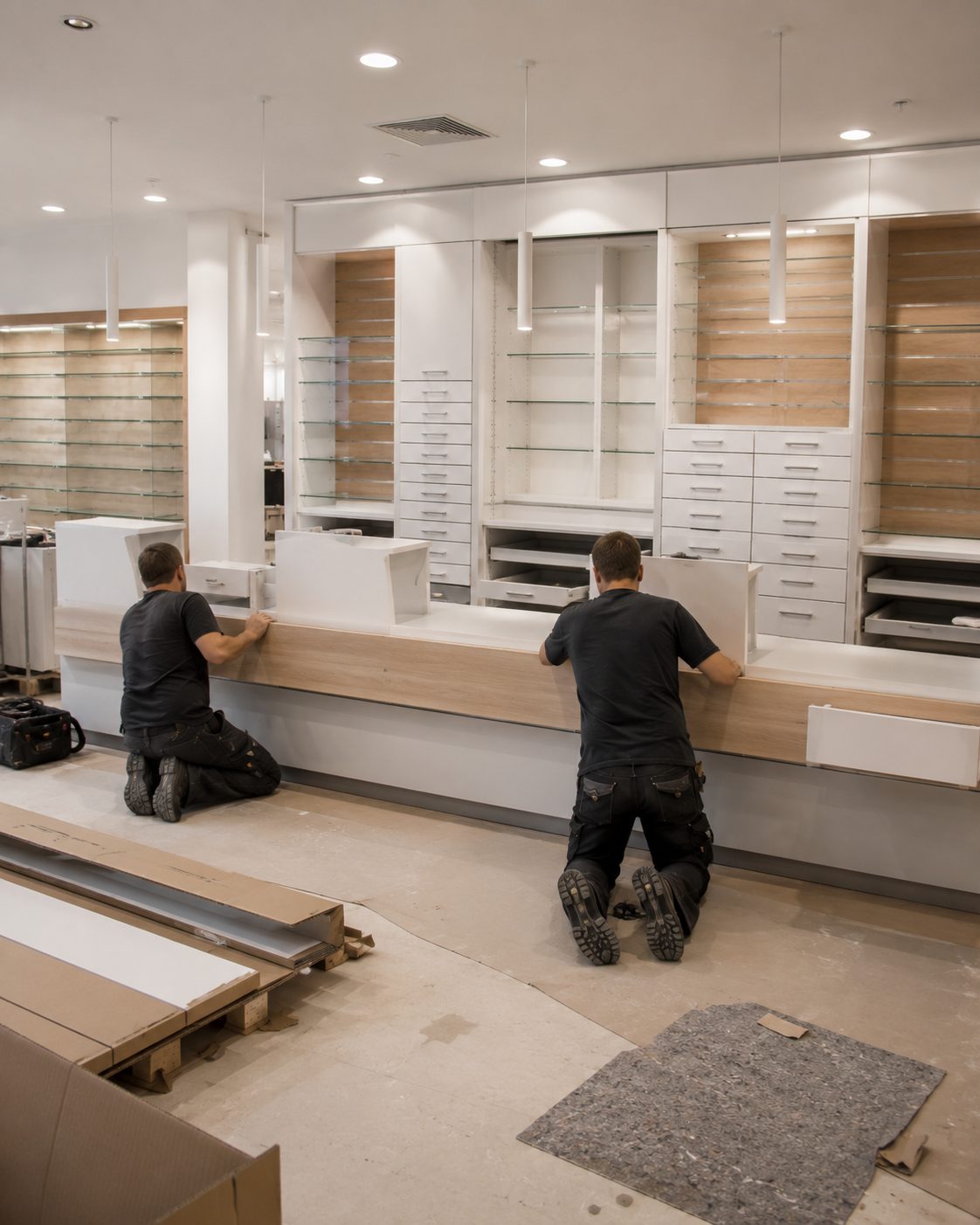 Shop-in-Shop-Montage in einem Warenhaus — Symbolbild